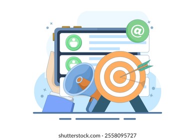 Email marketing concept, Online business strategy, A number of new emails displayed on the screen, Advertisement, Email newsletter, message, marketing material, Flat illustration on the background.