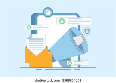 Email marketing concept, Online business strategy, Advertising, Email newsletter, sending messages, marketing materials for landing pages, web banners, social media, infographics. Flat illustration.