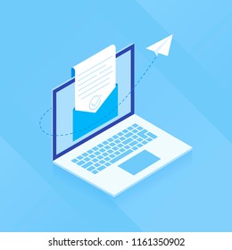 E-mail marketing. The concept of an open e-mail with a nested document against the backdrop of a laptop screen and a paper airplane. Modern Flat vector illustration.