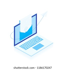 E-mail marketing. The concept of an open e-mail with a nested document against the backdrop of a laptop screen and a paper airplane. Modern Flat vector illustration.
