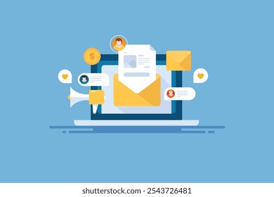 Email marketing concept, Opening email from envelope, Send promotional email to subscribers, Email newsletter - vector illustration with icons