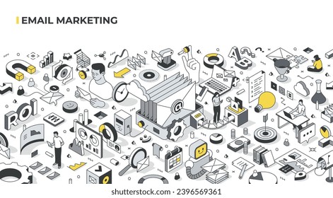 Email marketing concept. Production line with emails moving along conveyor belt. Delivering message to targeted people that includes design, content writing, scheduling and sending. Isometric illustra