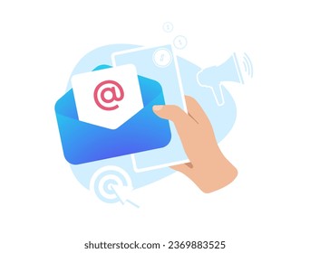 E-Mail-Marketing-Konzept. Segment für Personalisierung, verschiedene E-Mail-Marketing-Kampagnen - Werbeangebote, Newsletter und Kundenreaktivierung. Vektorgrafik einzeln auf weißem Hintergrund