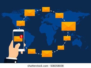 E-mail marketing concept. Sending or receiving email sms and mms messages around the world. Vector illustration flat modern design.