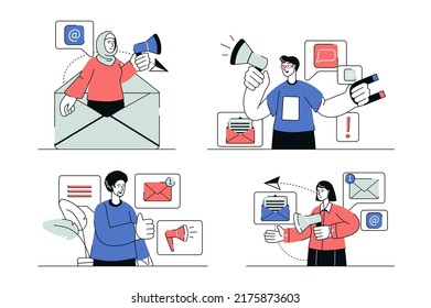 Email marketing concept set in flat line design. Men and women with megaphones making ad campaign, send promo letters to attract customers. Vector illustration with outline people scene for web