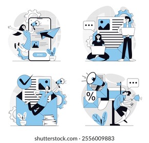 Email marketing concept set in flat design for web. Collection with people with megaphones doing online advertising with digital letters, sending promo information to mailboxes. Vector illustrations.