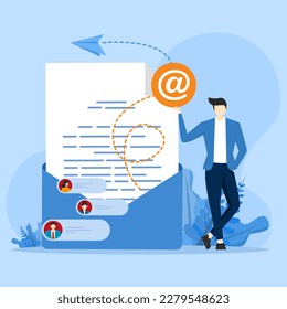 Email Marketing Concept, Mostrando una campaña creativa usando el correo electrónico, Adecuado para la página de inicio, UI, web, tarjeta de introducción de aplicaciones, editorial, volante y banner, Ilustración Vectora Plana.