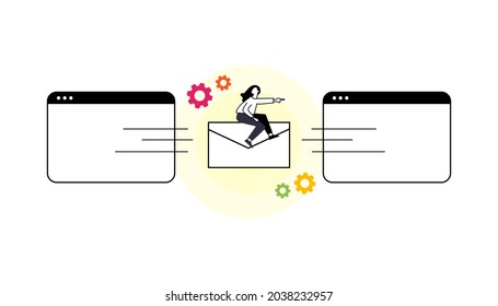 Email marketing concept with tiny character. People open and read advertising e-mail on screen flat vector illustration. Communication, information dissemination, sending message metaphor