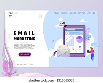 Email marketing concept. Tiny people around the tablet, flat style statistics