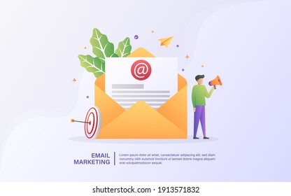 Email marketing concept with tiny people. Advertising media, target consumers, send messages, invite people, message notifications, attractive offers.