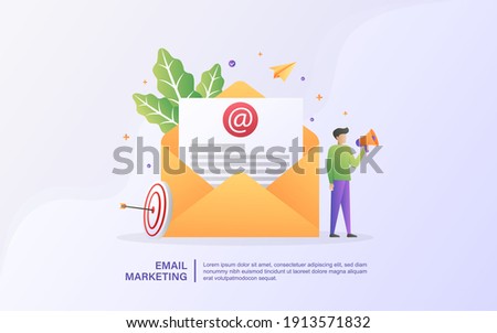 Email marketing concept with tiny people. Advertising media, target consumers, send messages, invite people, message notifications, attractive offers.