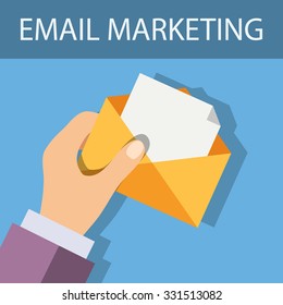 Email Marketing Concept. Vector hand holding open envelope