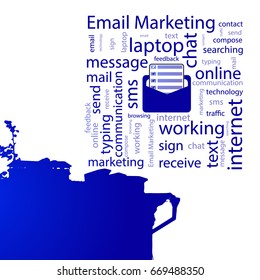 Email marketing. concept. Vector illustration for your design. The text is blue. Text on white background. Internet to any home. Open email icon.