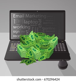 Email marketing. concept. Vector illustration for your design. text. Laptop, desktop computer on a desk with lots of green paper dollars of money