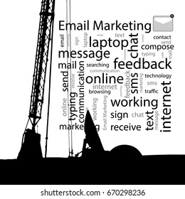 Email marketing. concept. Vector illustration for your design. text. Black text on white background. Antennas and cable dishes on the roof.