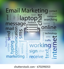 Email marketing. concept. Vector illustration for your design. Transparent text square on a photo background with an open web letter icon in the middle