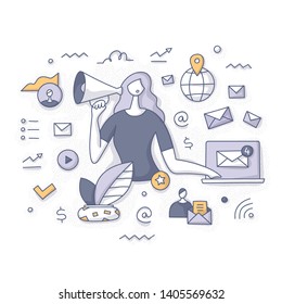 Email marketing concept. Woman advertises sending emails from laptop. Direct marketing, e-mail campaign. Doodle vector spot concept for website, applications or printed materials