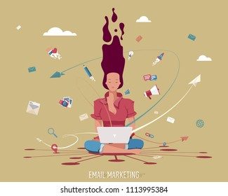 Email Marketing Concept: Woman Sitting on Lotus Pose Receives and Sends Mail