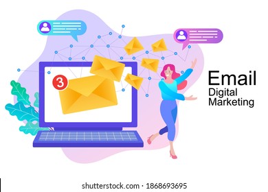 E-mail marketing concepts. Newsletter. mail notification. Social network. Businessman vector illustration.