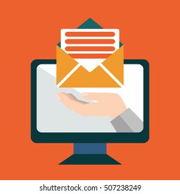 Email marketing conceptual, Hand from a monitor screen holding e-mail letter, Vector illustration