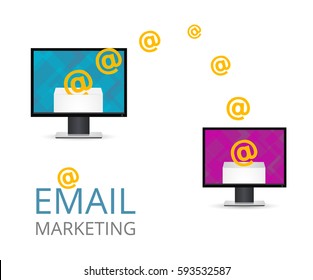 Email marketing. Conceptual illustration two computer with e-mails. Open the email on your computer. Vector envelope with the letter. 
