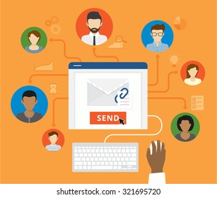 Email marketing e conceito de newsletter corporativa. Homem de negócios envia uma carta para seus colegas de negócios