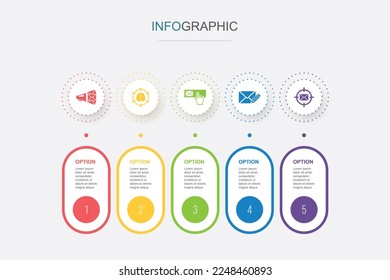 Email Marketing, creative, subscribe, compose mail, email targeting, icons Infographic design layout design template. Creative presentation concept with 5 steps