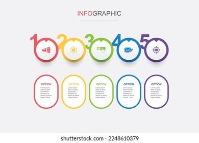 Email Marketing, creativo, suscribirse, componer correo, dirección de correo electrónico, iconos Plantilla de diseño de diseño de diseño de infografía. Concepto de presentación creativa con 5 pasos