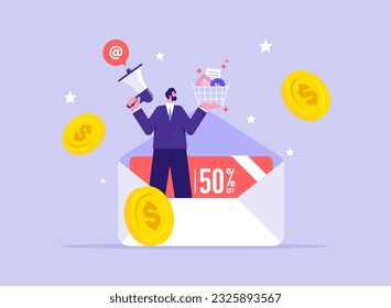 Email marketing, CRM, email newsletter for discount or promotion information concept, manager sending targeted email campaigns, newsletters