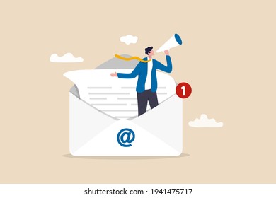 Email marketing, CRM, subscription on web and sending email newsletter for discount or promotion information concept, businessman standing in email envelope announcing promotion through megaphone.