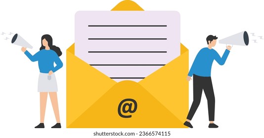 Email marketing, CRM, Subscription on web and sending email newsletter, Discount or promotion information, Standing in email envelope, Announcing promotion through megaphone

