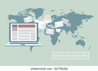 Email Marketing design concept. vector illustration, on the world map