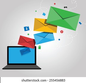 E-mail Marketing Design with Laptop, Icons and Envelopes