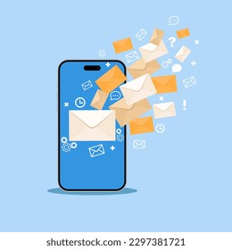 Email marketing design and promotion illustration with smartphone and letters on blue background. Vector mobile app.