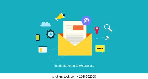 Email marketing, Email development, Email envelope with message and icons - conceptual vector illustration