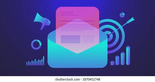 Email Marketing, Digital Newsletter E-mail Subscription Concept. Modern Email Vector Illustration With Neon Color And Deep Blue Violet Background. Drip Inbound Email Marketing By Sending Mail Message