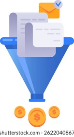 Email marketing and documents flowing into a sales funnel, generating revenue, boosting conversion rates, and enhancing lead generation for improved business success and financial growth