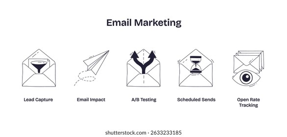 Email marketing features shown with envelopes, paper plane, and hourglass, highlighting lead capture, A-B testing, and tracking. Doodle style icons