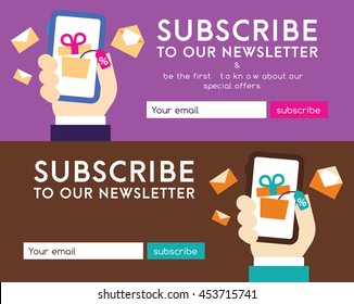E-mail marketing, flat design banners, vector illustration, special offer, subscription proposition, newsletter advertisement. 