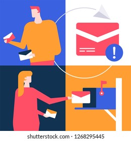 Email marketing - flat design style colorful illustration. High quality unusual composition with a man and woman, receiving and sending letters, mail box image, notification, paper plane signs