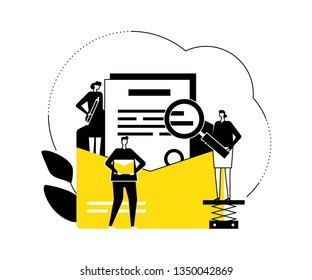 Email marketing - flat design style vector illustration. Black, yellow and white composition with male, female colleagues, business team standing around letter in envelope with magnifier, pencil