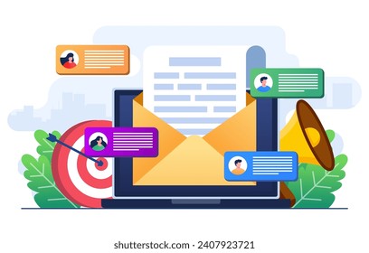 Diseño de vector de ilustración plana de email marketing, estrategia comercial en línea, publicidad, boletín de correo electrónico, mensajería, concepto de material de marketing para la página de inicio, banner web, medios sociales, infografía