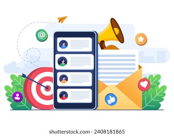 Diseño de vector de ilustración plana de email marketing, estrategia comercial en línea, publicidad, boletín de correo electrónico, mensajería, concepto de material de marketing para la página de inicio, banner web, medios sociales, infografía