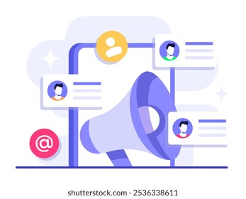 Concepto de Vector de ilustración plana de marketing por correo electrónico, Estrategia de negocios en línea, Publicidad, Boletín de correo electrónico, mensajería, Concepto de material de marketing para página de destino, Anuncio de Web, redes sociales, infografía