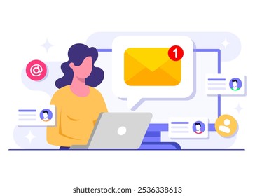 Concepto de Vector de ilustración plana de marketing por correo electrónico, Estrategia de negocios en línea, Publicidad, Boletín de correo electrónico, mensajería, Concepto de material de marketing para página de destino, Anuncio de Web, redes sociales, infografía