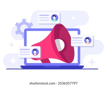 Concepto de Vector de ilustración plana de marketing por correo electrónico, Estrategia de negocios en línea, Publicidad, Boletín de correo electrónico, mensajería, Concepto de material de marketing para página de destino, Anuncio de Web, redes sociales, infografía
