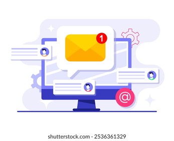 Concepto de Vector de ilustración plana de marketing por correo electrónico, Estrategia de negocios en línea, Publicidad, Boletín de correo electrónico, mensajería, Concepto de material de marketing para página de destino, Anuncio de Web, redes sociales, infografía
