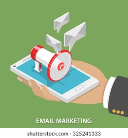 Email Marketing Flat Isometric Vector Concept. Mans hand takes a smartphone with megaphone and soaring e-mails like speech bubble on it.