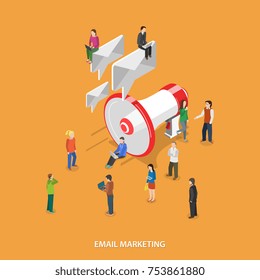 Email Marketing Flat Isometric Vector Concept. People With Mobile Devices Stand and Walks Near Megaphone Which Sends Emails Like Speech Bubbles.