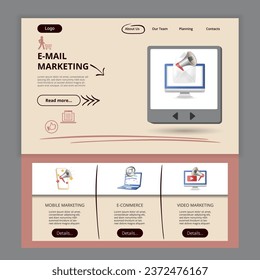 E-mail marketing flat landing page website template. Mobile marketing, e-commerce, video marketing. Web banner with header, content and footer. Vector illustration.